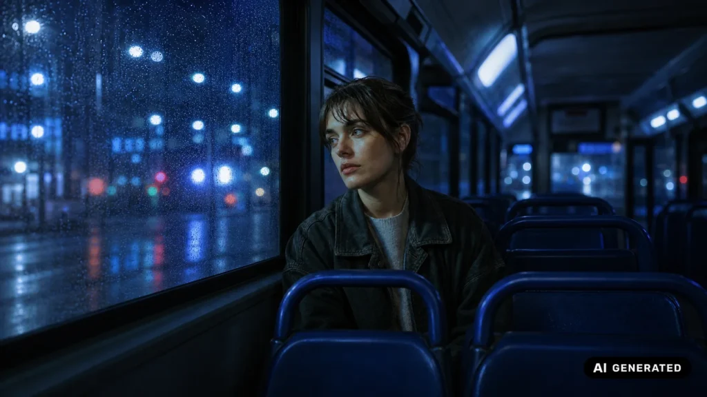 Darstellerin in einem nächtlichen Bus vor regennasser Fensterscheibe