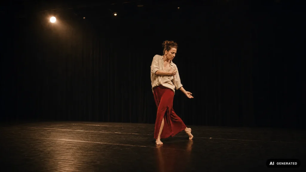 Darstellerin in roter Hose bei einer Soloperformance auf dunkler Bühne