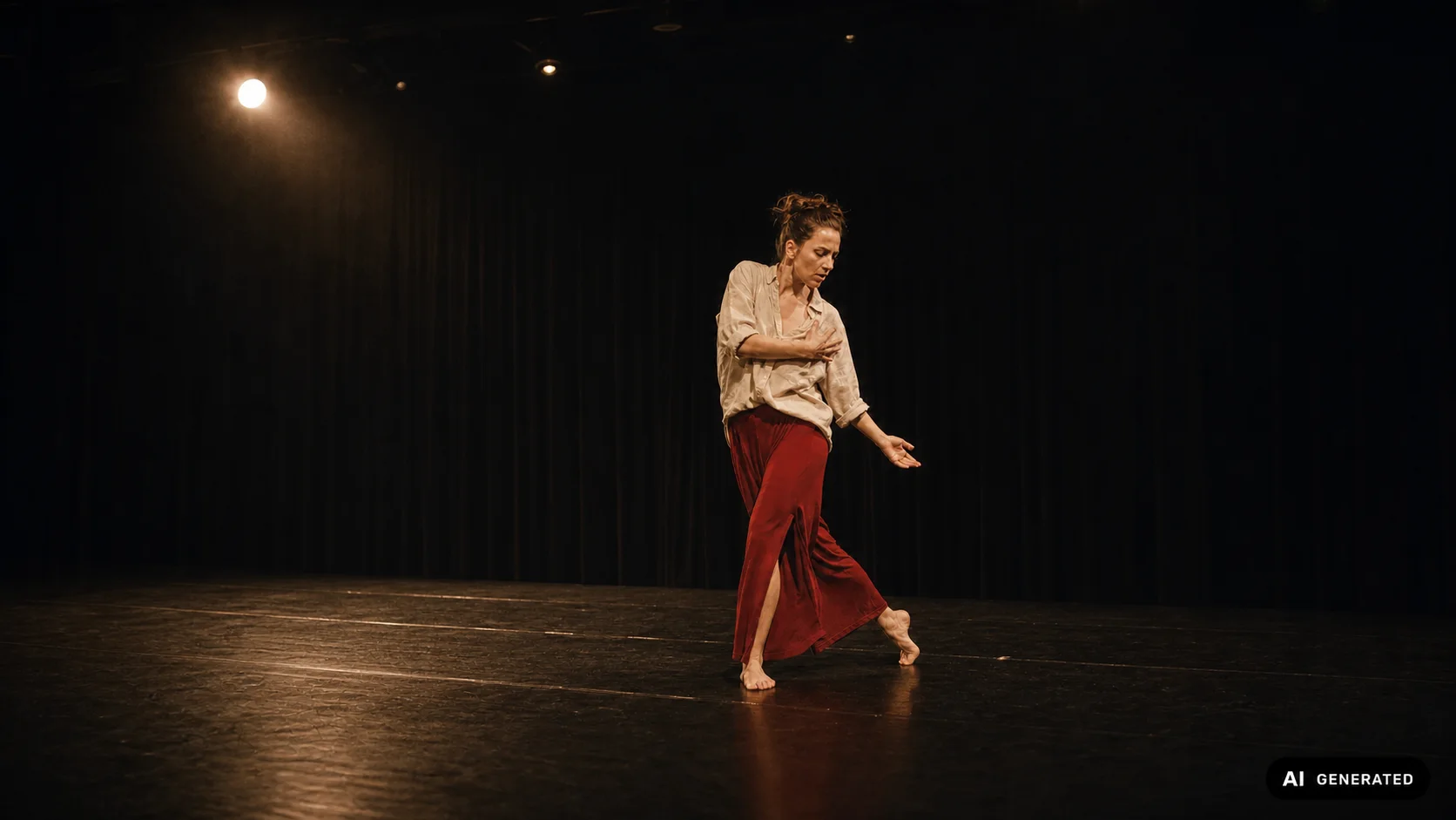 Darstellerin in roter Hose bei einer Soloperformance auf dunkler Bühne
