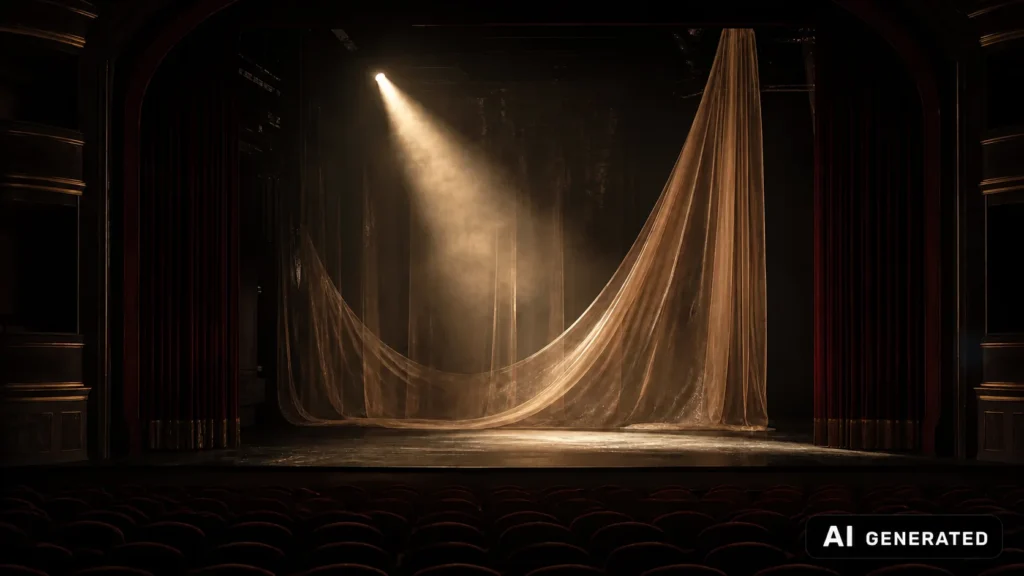 Leere Theaterbühne mit warmem Spotlight und transparenter Stoffbahn