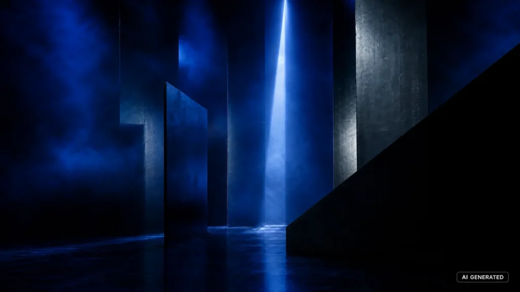 Abstrakte blaue geometrische Installation auf einer leeren Bühne